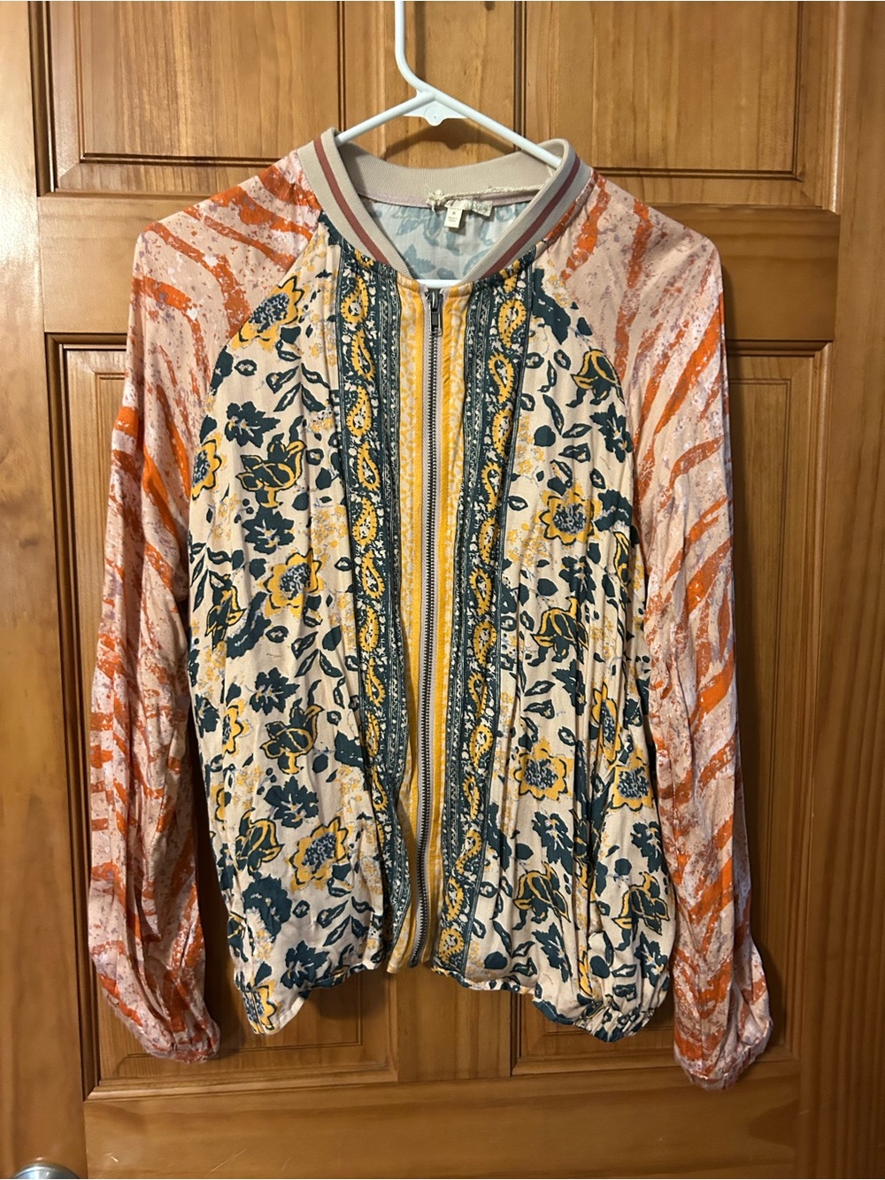 Mystree Floral Bomber Jacket in Cream, Mustard & Teal with Orange Sleeves